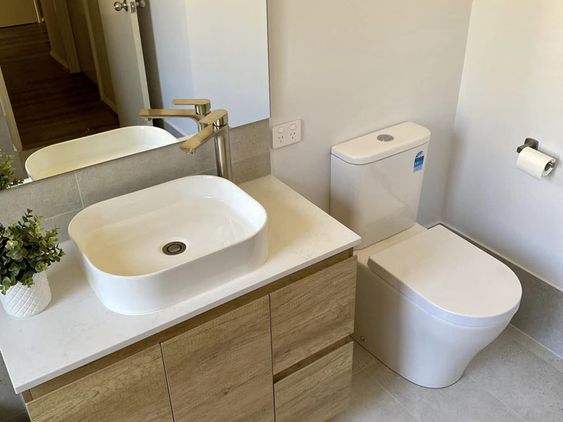 Timber-look vanity with white basin and brass tap beside a toilet