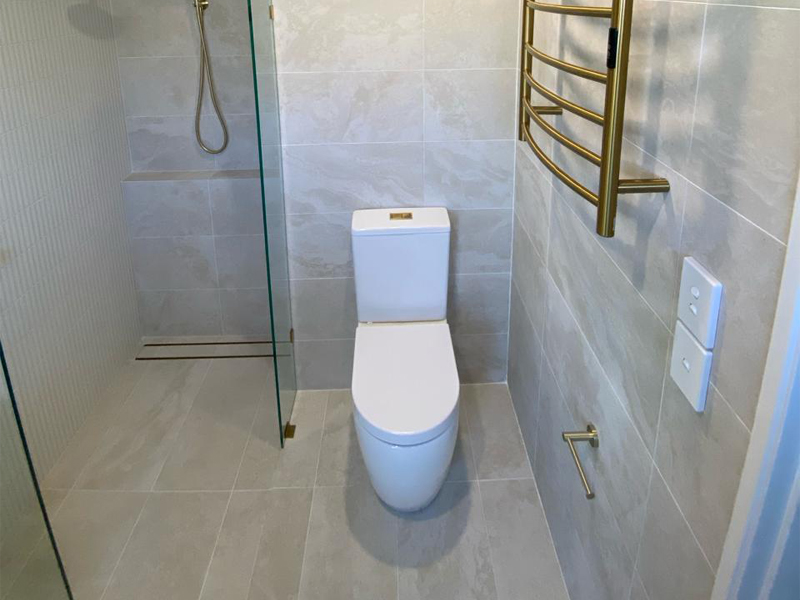 White toilet between a glass shower screen and a brass heated towel rail